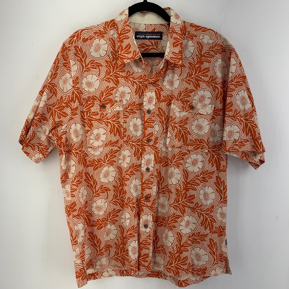 Reyn‎ Spooner Mens XL Linen Cotton Floral Hawaiian Shirt Woodblock Resortwear